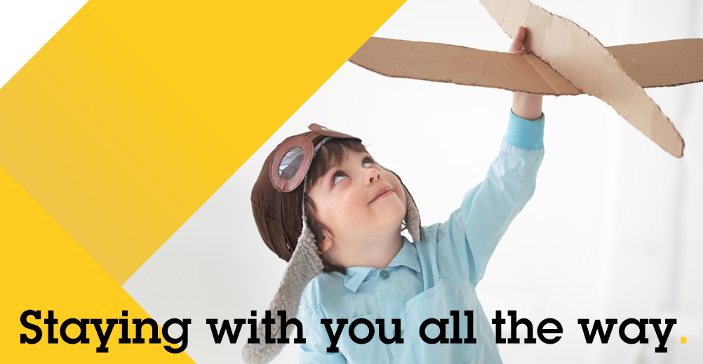 axis tech service image of child playing with paper airplane with slogan, adentity