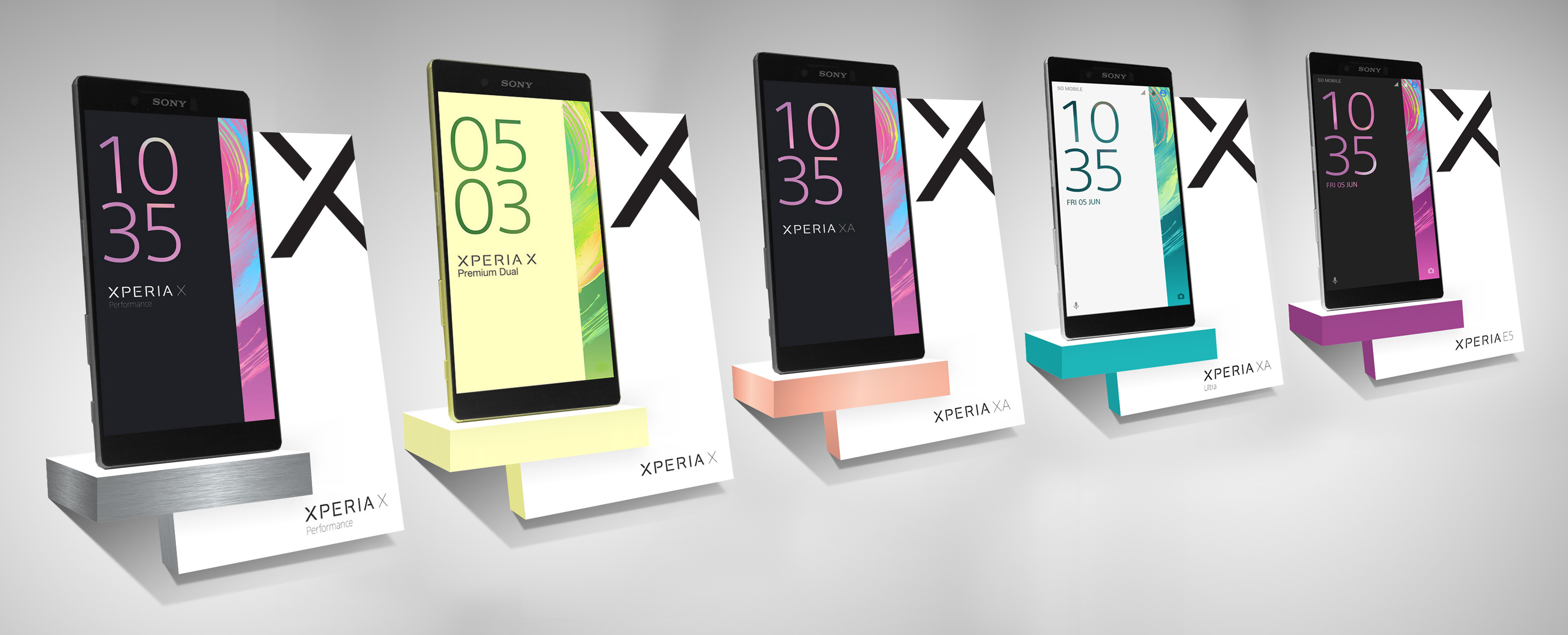 Sony Xperia X phone with box and stand in different colors