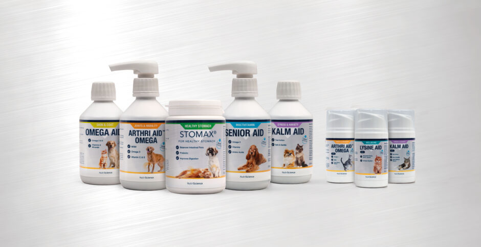 A product range image of the new packaging for equine made for a top banner by Adentity. Cats and dogs